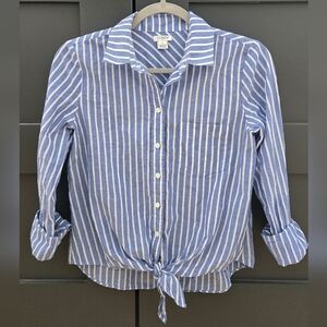 J. Crew Classic Blue and White Striped Button-Down Shirt With Front Tie